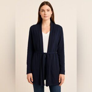 ZARA Knit Navy Open Front Long Sleeve Belted Cardigan Size L